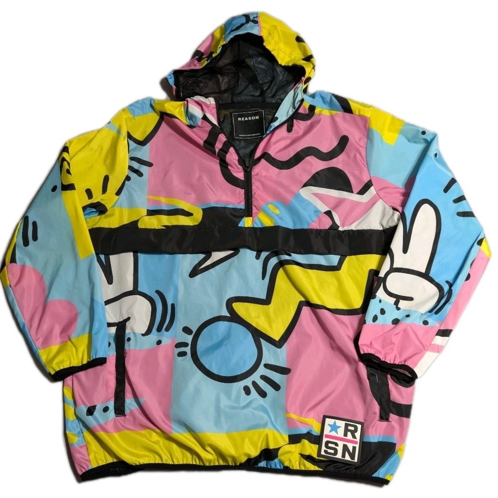 Reason Abstract Graphic Windbreaker Jacket Men's 2XL Hooded Festival Streetwear